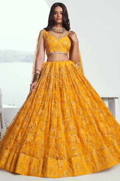 Mustard Net Embroidered Lehenga Set