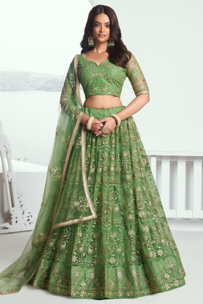 Green Net Embroidered Lehenga Set