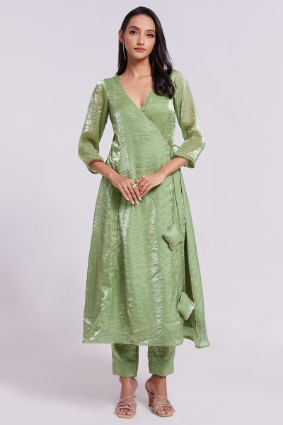 Pastel Green Organza Silk Lace Detailed Anarkali Dress With Palazzo