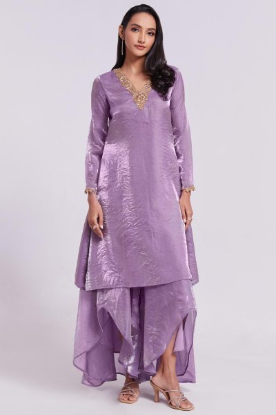 Lilac Organza Silk Handwork Detailed Kurta With Stylish Pants