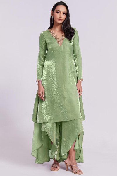 Light Green Organza Silk Handwork Detailed Kurta With Stylish Pants