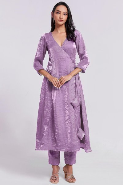 Lilac Organza Silk Lace Detailed Anarkali Dress With Palazzo