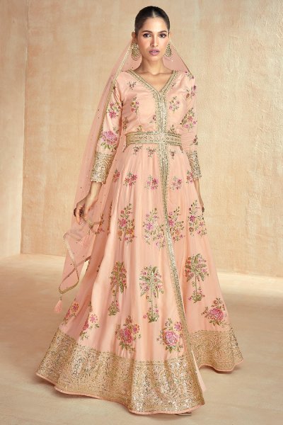 Light Peach Silk Embroidered Anarkali Suit