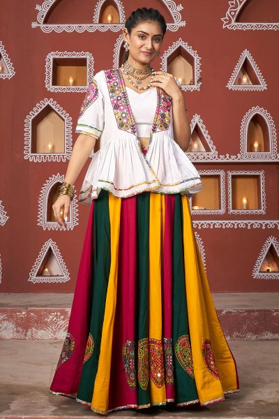 Multicolor Rayon Navratri Embroidered Top & Skirt Set With Jacket