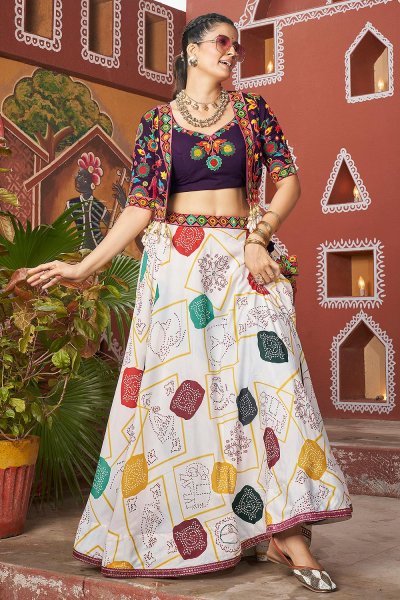 White & Multicolor Silk Navratri Printed & Embroidered Top & Skirt Set With Jacket