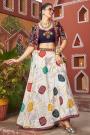 White & Multicolor Silk Navratri Printed & Embroidered Top & Skirt Set With Jacket