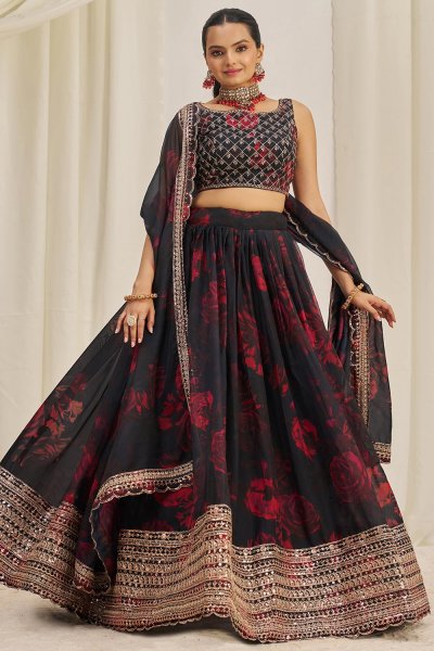 Black & Red Floral  Printed Lehenga Set