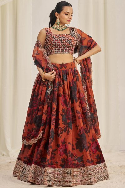 Orange  Floral  Printed Lehenga Set