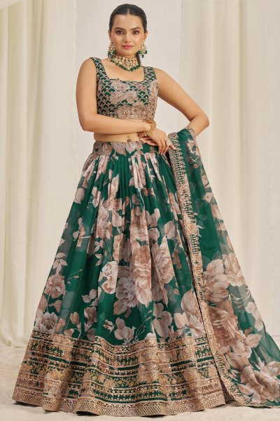 Dark Green Floral  Printed Lehenga Set