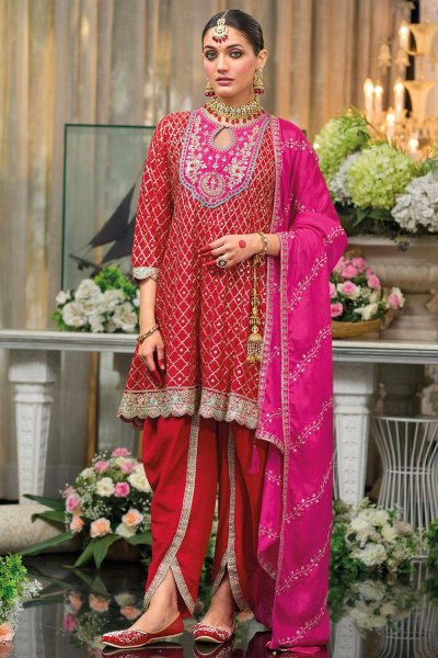 Red & Pink Chinon Silk Embroidered Kurta Set With Dhoti Pants