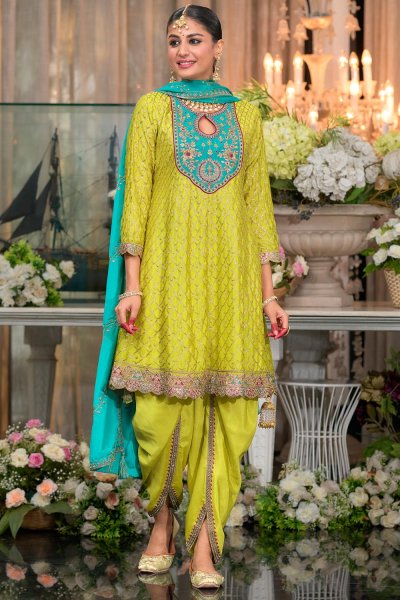 Lime Green & Turquoise Chinon Silk Embroidered Kurta Set With Dhoti Pants