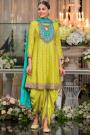 Lime Green & Turquoise Chinon Silk Embroidered Kurta Set With Dhoti Pants