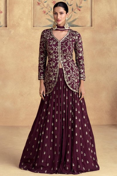 Wine Chinon Silk Embroidered Lehenga Set