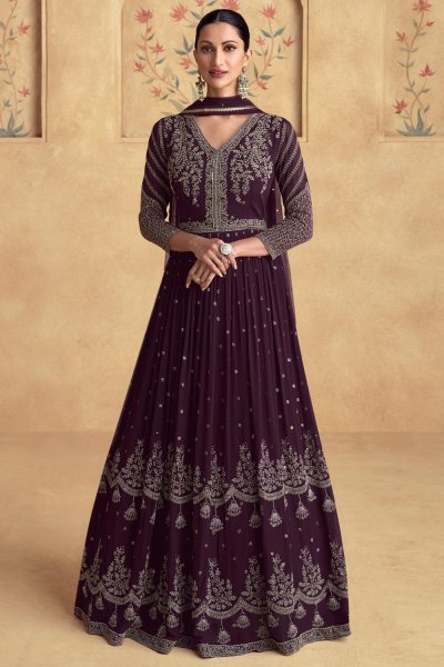 Plum Georgette Embroidered Anarkali Dress With Dupatta