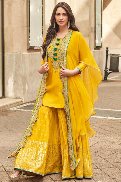 Mustard Yellow Silk Embroidered Kurta Sharara Set With Organza Silk Shrug