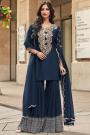 Navy Blue Silk Embroidered Kurta With Georgette Sharara & Organza Silk Dupatta