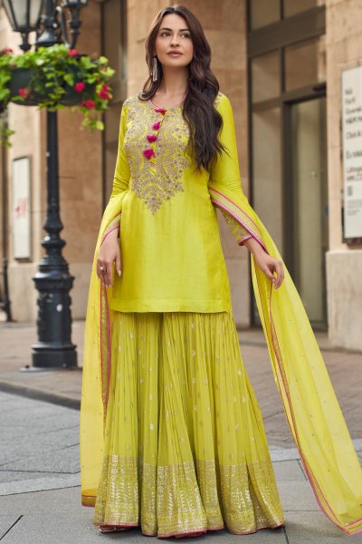 Stunning Lemon Green Silk Embroidered Kurta With Georgette Sharara & Organza Silk Dupatta