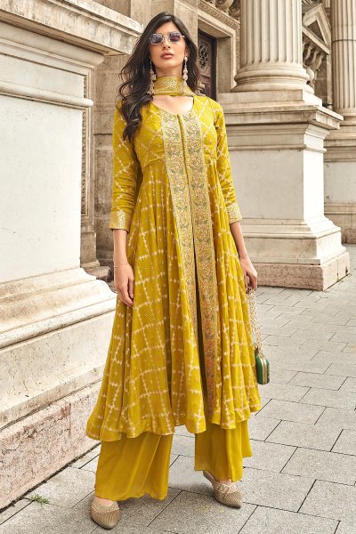 Mustard Silk Hand Worked Anarkali Set