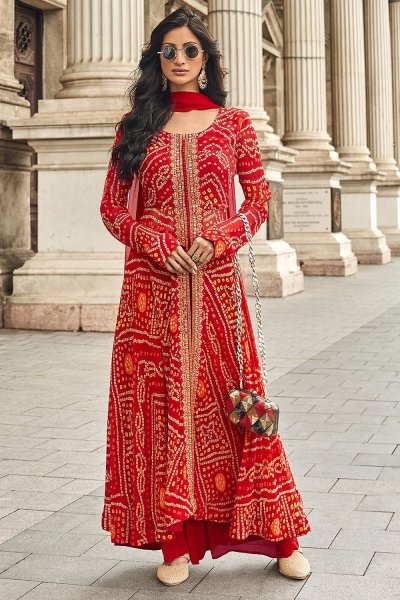 Red Georgette Bandhani Printed & Hand Worked Anarkali Set