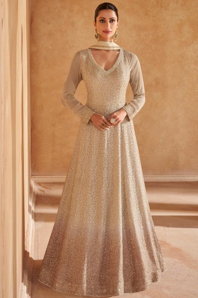 Beige Georgette Chikankari Embroidered Anarkali Dress With Dupatta