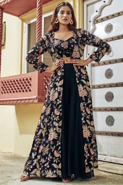 Black Georgette Embroidered Indowestern 3 Piece Set