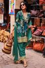 Teal Green Satin Silk Floral & Embroidered Kurta Set