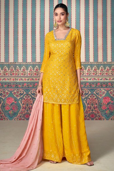 Yellow Chinon Silk Embroidered Sharara Kurta Set