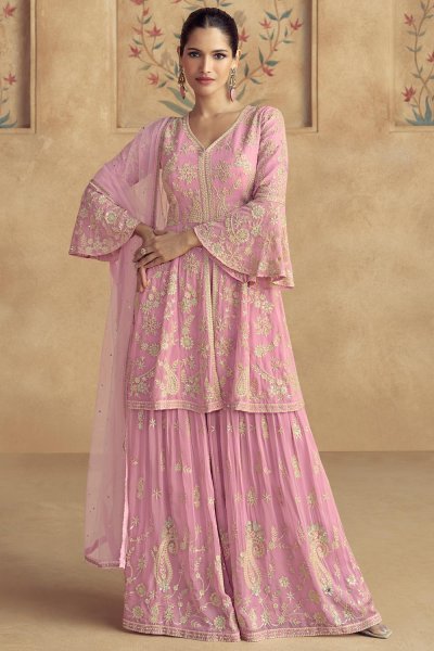 Light Pink Georgette Embroidered Kurta Sharara Set