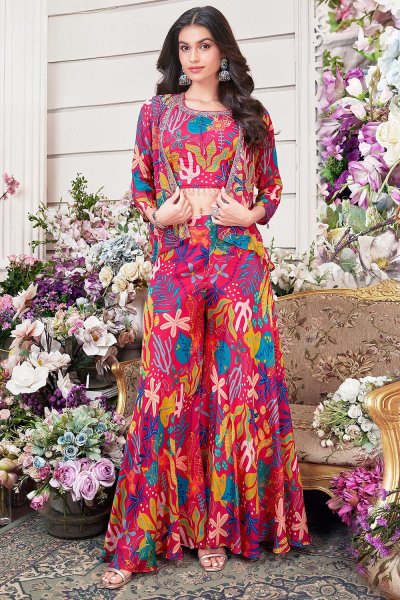 Pink & Multicolor Chinon Silk Printed & Embroidered 3 Piece Set