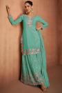 Aqua Chinon Silk Embroidered Kurta Set