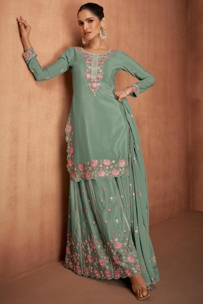 Mint Chinon Silk Embroidered Kurta Set