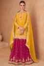 Yellow & Red Chinon Silk Embroidered Long Kurti Lehenga Set