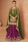 Forest Green & Plum Chinon Silk Embroidered Long Kurti Lehenga Set