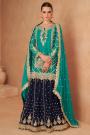 Turquoise & Navy Blue Chinon Silk Embroidered Long Kurti Lehenga Set