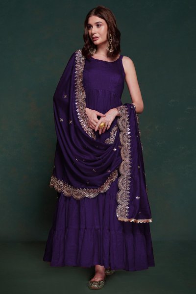 Violet Silk Embroidered Anarkali Dress With Dupatta