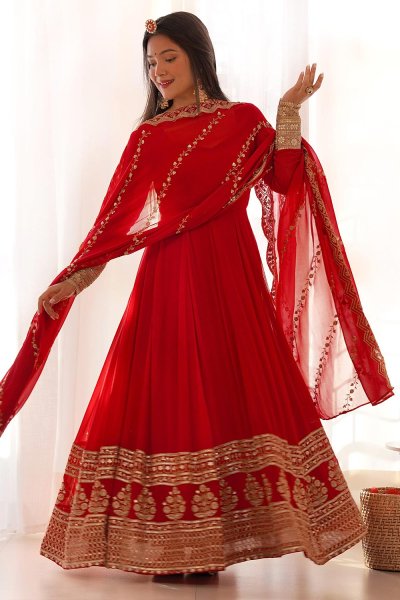 Coral Red Georgette Embroidered Anarkali Dress With Dupatta