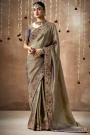 Taupe & Purple Tissue Silk Embroidered Saree