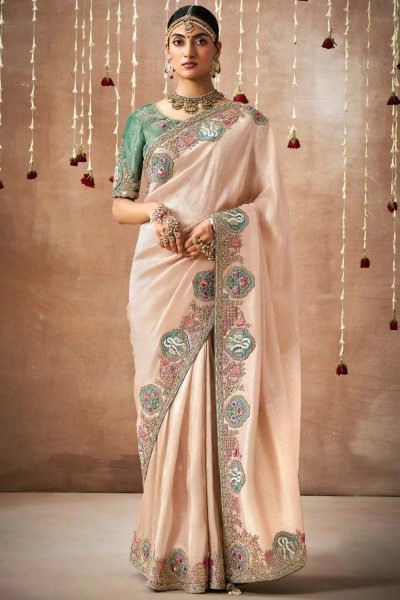 Light Peach Tissue Silk Embroidered Saree