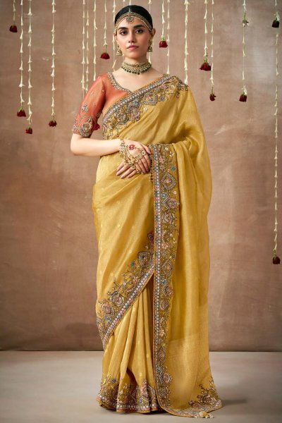 Mustard Tissue Silk Embroidered Saree