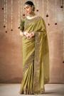 Olive Green Tissue Silk Embroidered Saree