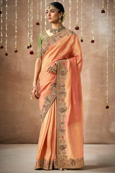 Orange Tissue Silk Embroidered Saree