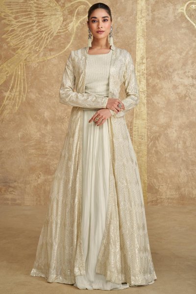 Ivory Georgette Embroidered 3 Piece Indowestern Attire