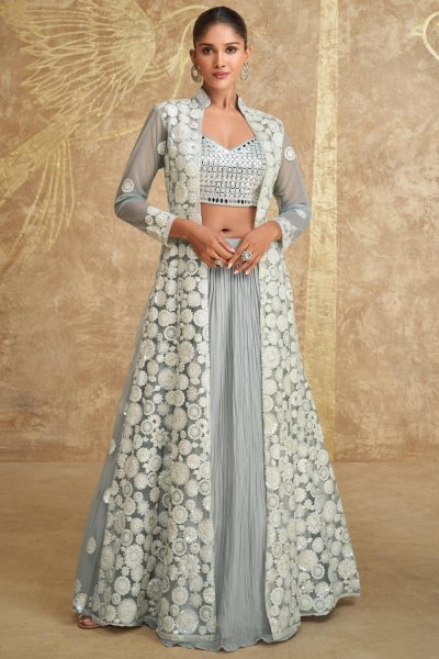 Light Grey Georgette Embroidered 3 Piece Indowestern Attire