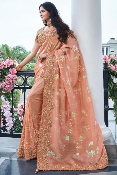 Pretty Peach Silk Zari Woven Saree