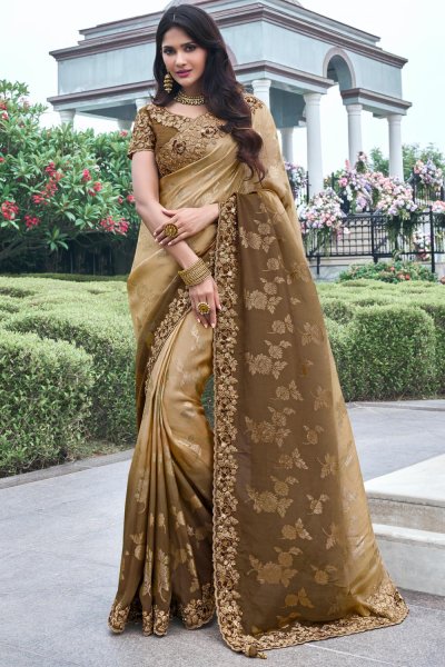 Beige & Brown Shaded Silk Zari Woven Saree