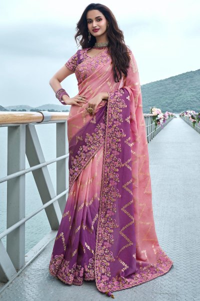 Pink & Purple Shaded Silk Zari Woven Saree