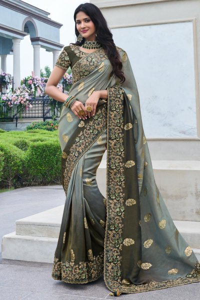 Grey & Green Shaded Silk Zari Woven Saree