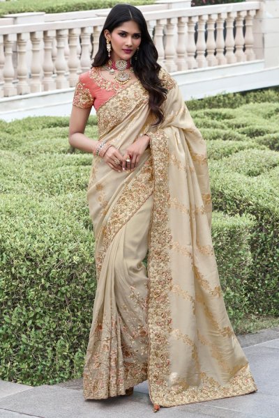 Ivory Beige Silk Zari Woven Saree