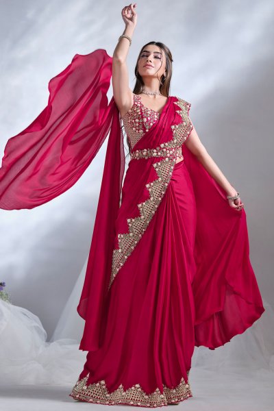 Pre-Draped Designer Pink Red Crepe Satin Silk Embroidered Saree With Belt