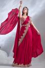 Pre-Draped Designer Pink Red Crepe Satin Silk Embroidered Saree With Belt